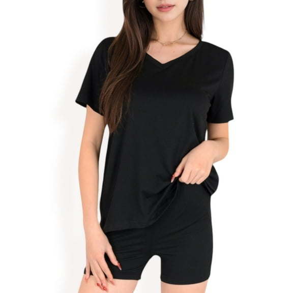 Women's V-Neck Relaxed Two-Piece Lounge Set with Shorts- Black,Medium