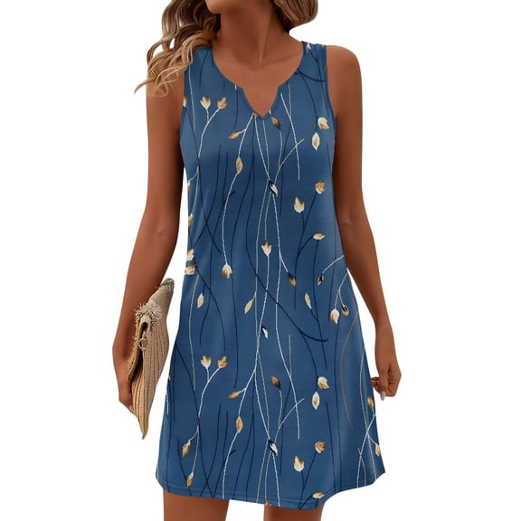Women's V-Neck Retro Floral Print Sleeveless Sundress Casual Summer Dress with Smocked Back and Tiered Skirt for Picnics,Navy 2XL