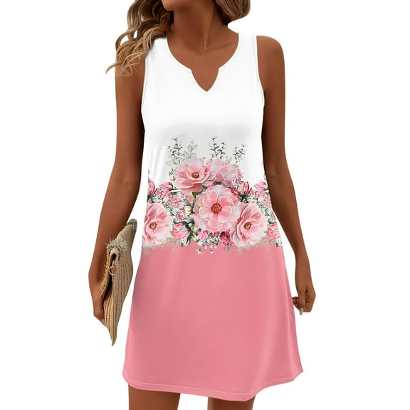 Women's V-Neck Retro Floral Print Sleeveless Sundress Casual Summer Dress with Smocked Back and Tiered Skirt for Picnics,Pink 2XL