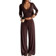 thumbnail image 1 of Women's V Neck Ribbed Crop Long Sleeve Top Drawstring Wide Leg Pants Two Piece Set Brown S, 1 of 9