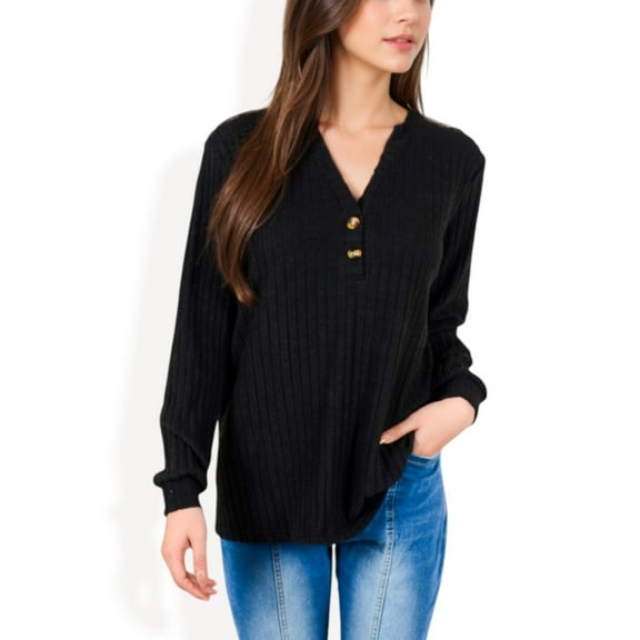 Women's V-Neck Ribbed Knit Long Sleeve Top with Button Detail - X Large, Black