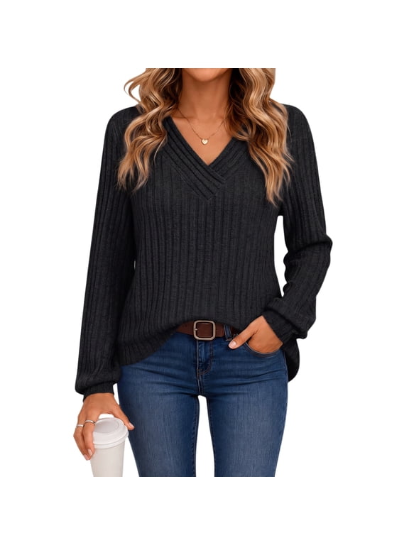 Women's V Neck Ribbed Knit Long Sleeve Tops Casual Bishop Sleeve Pullover Shirts for Fall Daily Wear