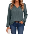 thumbnail image 1 of Women's V Neck Ribbed Knit Long Sleeve Tops Casual Bishop Sleeve Pullover Shirts for Fall Daily Wear, 1 of 7