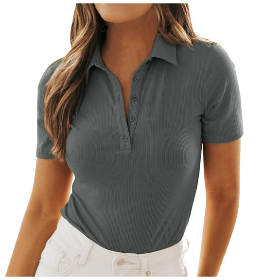 Women's V Neck Ribbed Knit T-Shirt 2024 Casual Business Blouse Soft Comfortable Short Sleeve Top for Work Wear