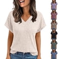thumbnail image 1 of Women's V Neck Ribbed Knit Top Short Sleeve Soft Loose Fit Basic Casual Spring Summer Daily Tops By Yigetop Beige L, 1 of 4