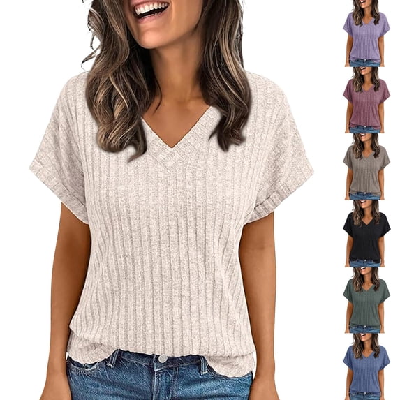 Women's V Neck Ribbed Knit Top Short Sleeve Soft Loose Fit Basic Casual Spring Summer Daily Tops By Yigetop Khaki XL