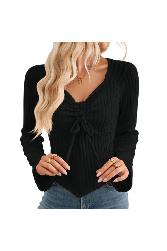 Women's V-Neck Ribbed Knit Tops Drawstring Ruched Fitted Blouses Bell Sleeves, S-2XL