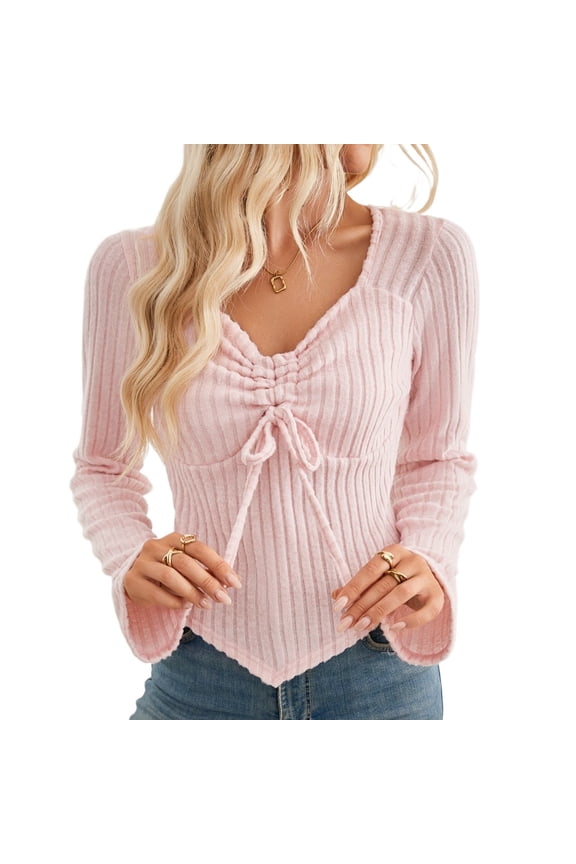 Women's V-Neck Ribbed Knit Tops Drawstring Ruched Fitted Blouses Bell Sleeves, S-2XL