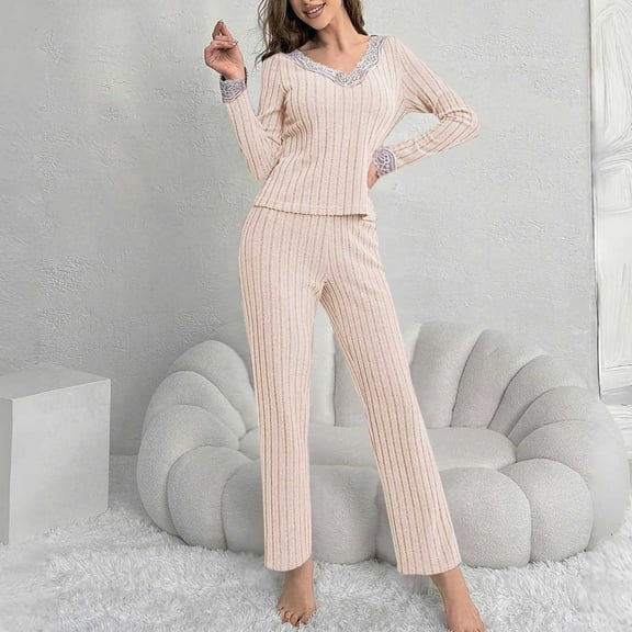 Women's V-Neck Ribbed Pajama Set with Long Sleeve Top and Elastic Waist Straight Leg Pants