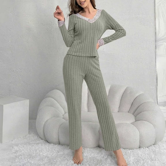 Women's V-Neck Ribbed Pajama Set with Long Sleeve Top and Elastic Waist Straight Leg Pants