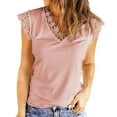 thumbnail image 1 of Women's V-Neck Ribbed Tank Tops Lace Trim Solid Color T-Shirts Vest Casual Loose Summer Pullover Blouse Tee, 1 of 1