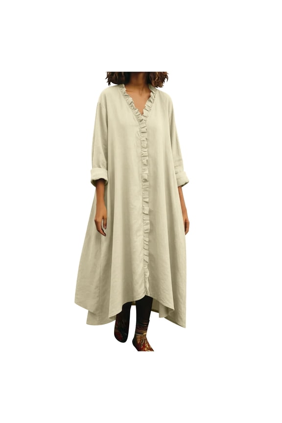 Women's V-Neck Rolled Long Sleeve Linen Maxi Dress Ruffle Trim Asymmetrical Hem Loose Fit Dress Perfect for Casual Outings and Family Vacations