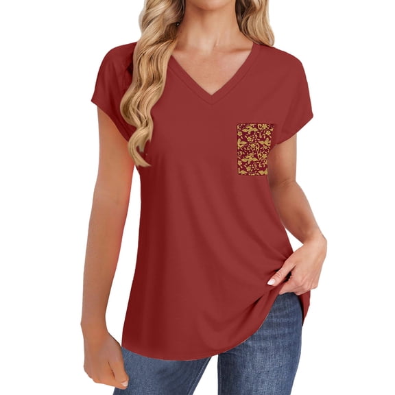 Women's V-Neck Rolled Sleeve T-Shirt, Loose Fit Casual Tunic Top - Breathable Plain Summer Tee