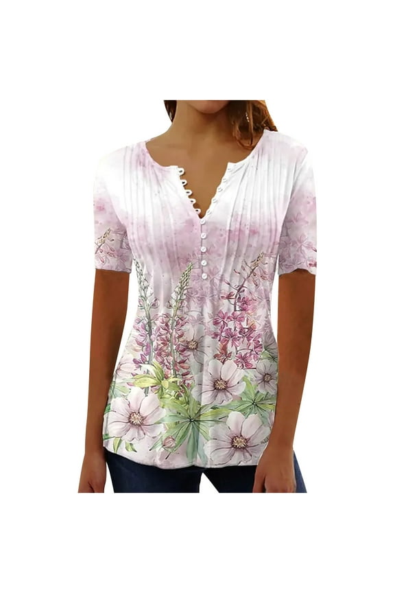 Women’s V-Neck Ruched Blouse, Elbow Sleeve Button Front Floral Digital Print Spring Summer Top, S-XL