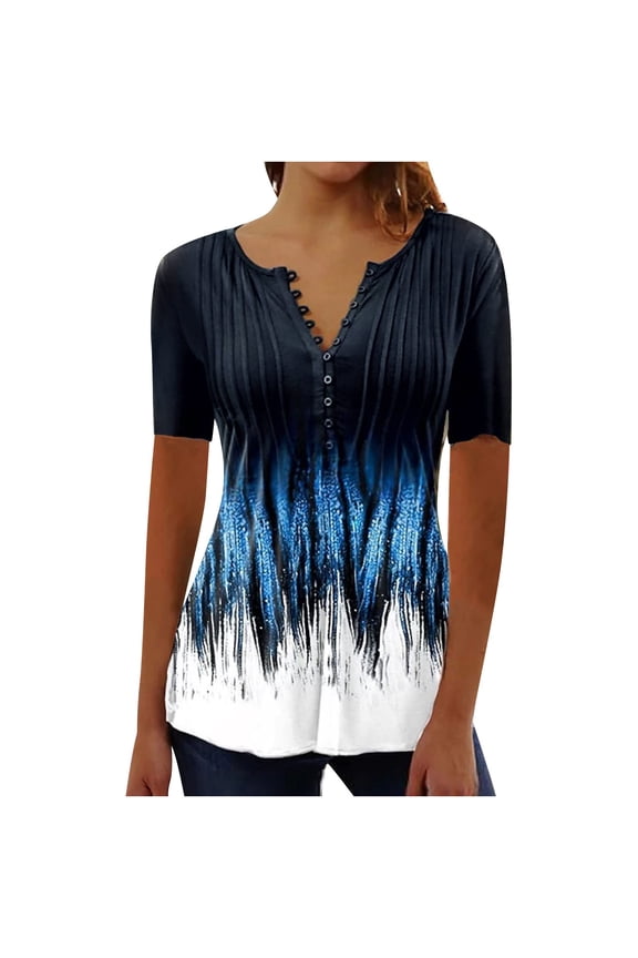 Women’s V-Neck Ruched Blouse, Elbow Sleeve Button Front Floral Digital Print Spring Summer Top, S-XL