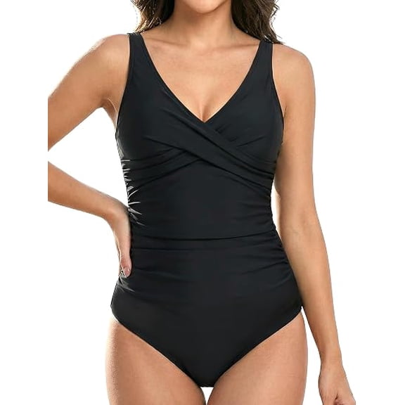 Women's V Neck Ruched One Piece Swimsuit, Tummy Control Swimwear with Adjustable Straps and Removable Cups for Beach, Pool and Vacation
