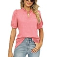 thumbnail image 1 of Women's V-Neck Ruched T-Shirt, Short Sleeve Top, Loose Breathable Tee in Pink, Perfect for Spring and Summer, Size S, 1 of 7