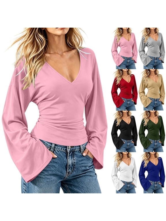 Women's V-Neck Ruched Top Long Sleeve Bell Sleeve Slim Fit Casual Pullover Blouse