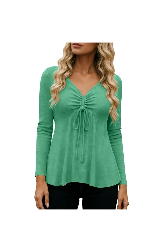 Women's V Neck Ruched Tops Long Sleeve Drawstring Dressy Casual Fall Tunic Shirts Blouses