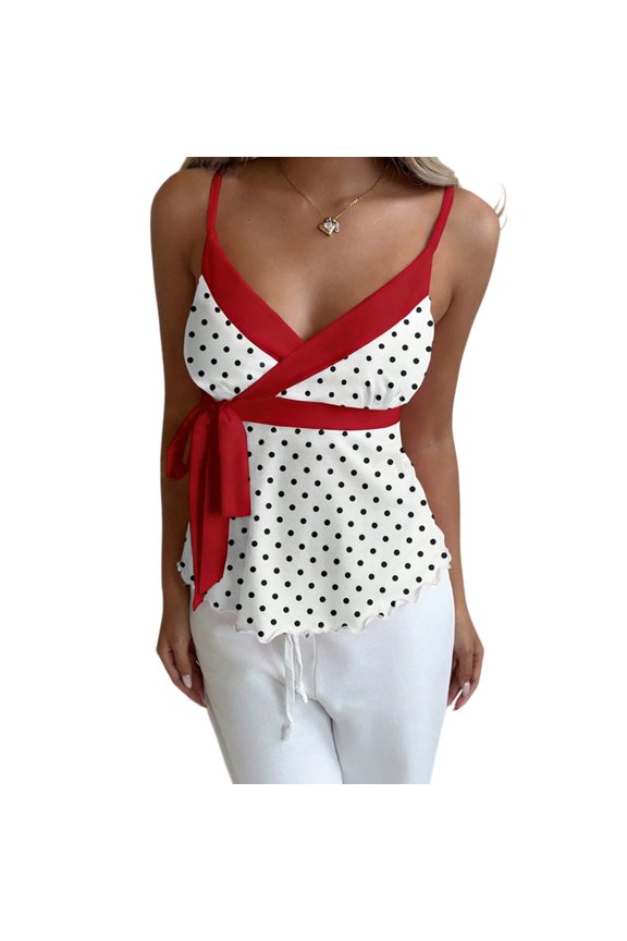 Women’s V Neck Ruched Waist Cami Tank Top, Scallop Hem Sleeveless Shirt