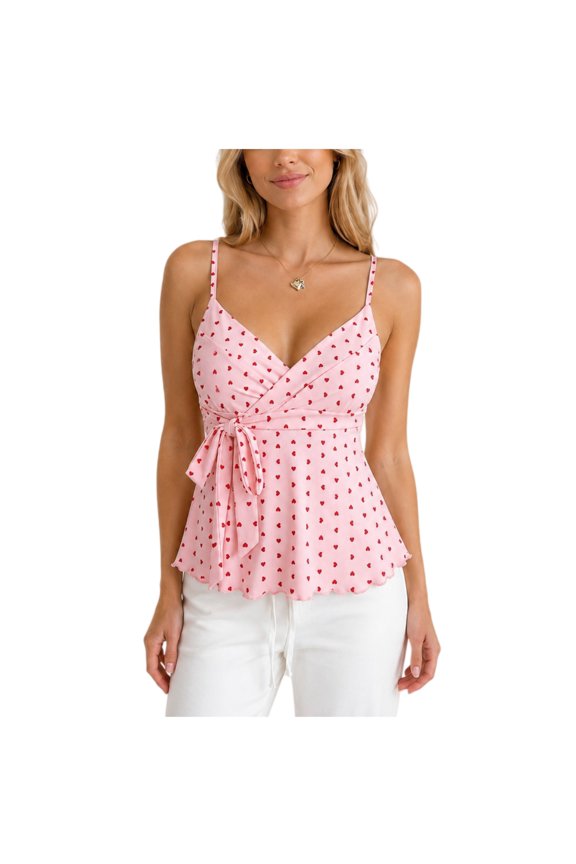 Women’s V Neck Ruched Waist Cami Tank Top, Scallop Hem Sleeveless Shirt