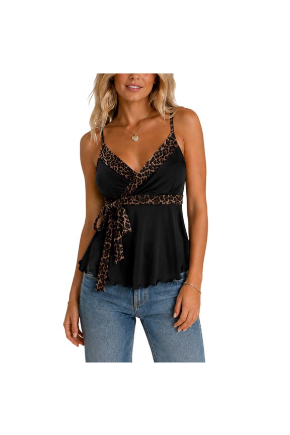 Women’s V Neck Ruched Waist Cami Tank Top, Scallop Hem Sleeveless Shirt