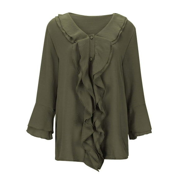 Women's V Neck Ruffle Edge Button Cardigan Flying Sleeve Curved Hem Top for Autumn Winter Casual Blouse Shirt