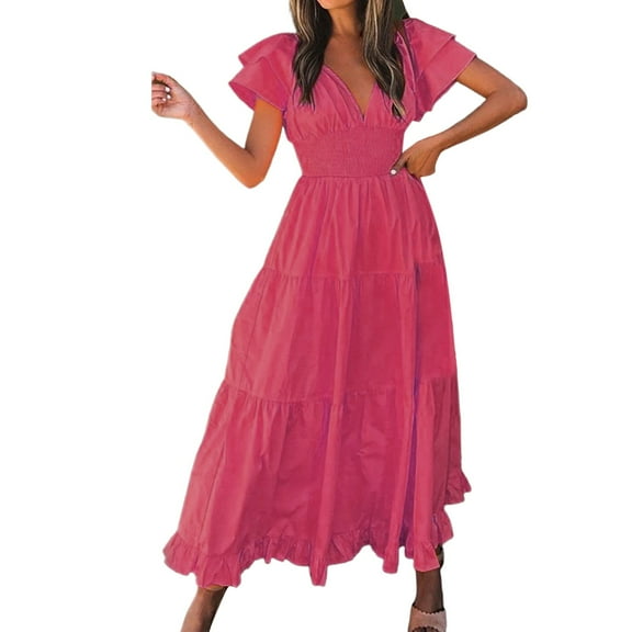 Women's V-Neck Ruffle Short Sleeve Midi Dress - Spandex, S-XL, Swing Style, Daily/Vacation/Work