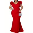thumbnail image 1 of Women's V-Neck Ruffle Shoulder Mermaid Maxi Evening Dress, 1 of 5