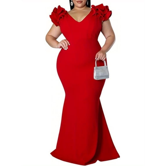Women's V-Neck Ruffle Shoulder Mermaid Maxi Evening Dress