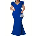 thumbnail image 1 of Women's V-Neck Ruffle Shoulder Mermaid Maxi Evening Dress, 1 of 5