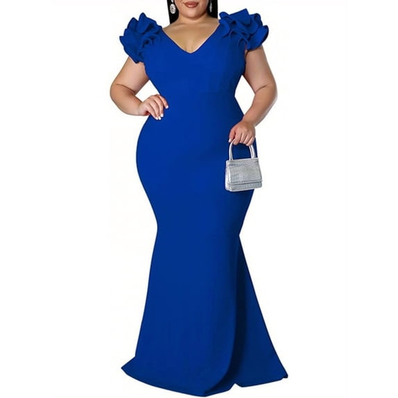 Women's V-Neck Ruffle Shoulder Mermaid Maxi Evening Dress