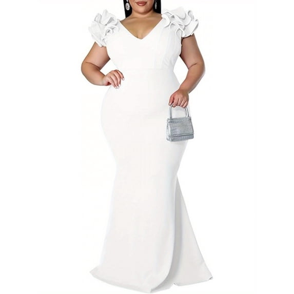 Women's V-Neck Ruffle Shoulder Mermaid Maxi Evening Dress