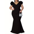 thumbnail image 1 of Women's V-Neck Ruffle Shoulder Mermaid Maxi Evening Dress, 1 of 5