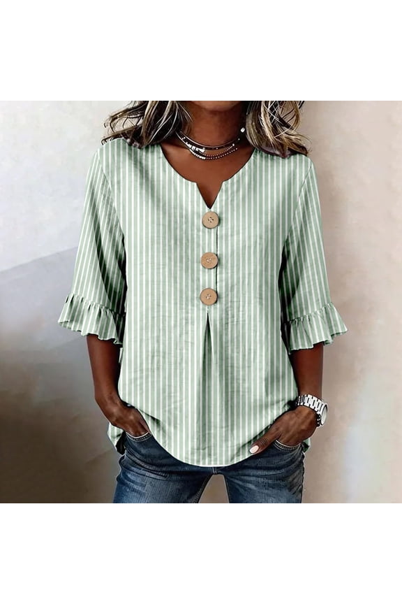 Women's V-Neck Ruffle Sleeve Blouse with Decorative Buttons – Striped & Floral Print Top for Spring & Summer – Casual Loose Fit Shirt for Daily Wear, Work & Vacation (S-XXXXXL)