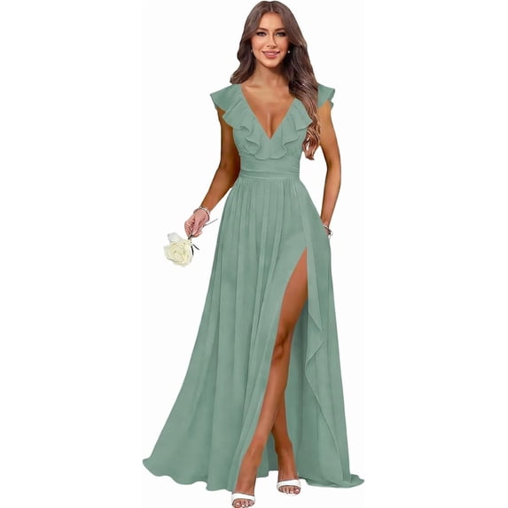 Long Side Ruffled Dress Women's V‑Neck Ruffle‑Sleeve Chiffon Bridesmaid Gown, Long Formal ...