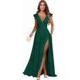 Long Side Ruffled Dress Women's V‑Neck Ruffle‑Sleeve Chiffon Bridesmaid Gown, Long Formal ...