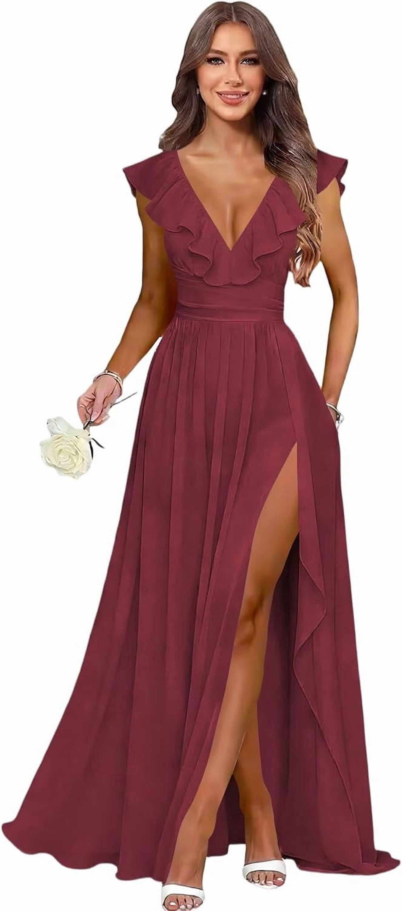 Long Side Ruffled Dress Women's V‑Neck Ruffle‑Sleeve Chiffon Bridesmaid Gown, Long Formal ...