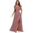 Long Side Ruffled Dress Women's V‑Neck Ruffle‑Sleeve Chiffon Bridesmaid Gown, Long Formal ...