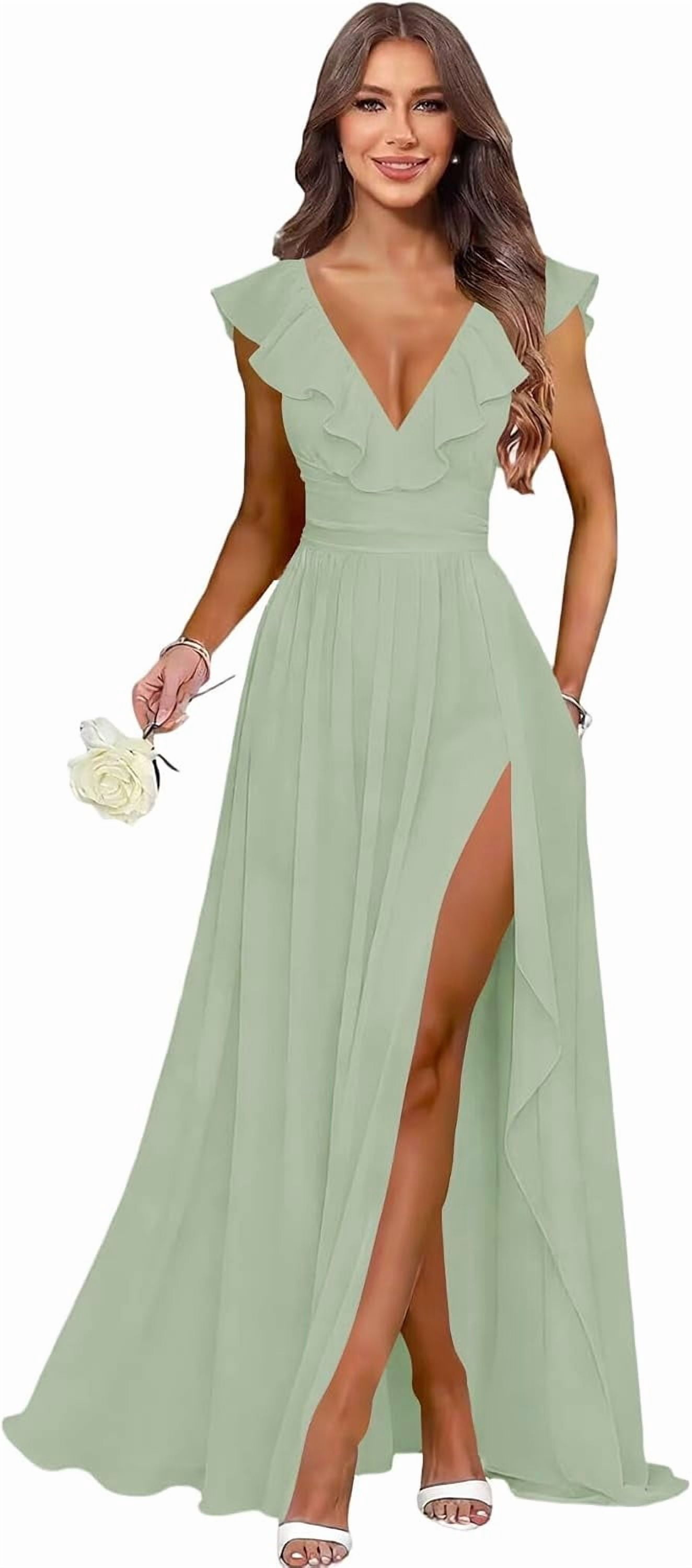 Long Side Ruffled Dress Women's V‑Neck Ruffle‑Sleeve Chiffon Bridesmaid Gown, Long Formal ...