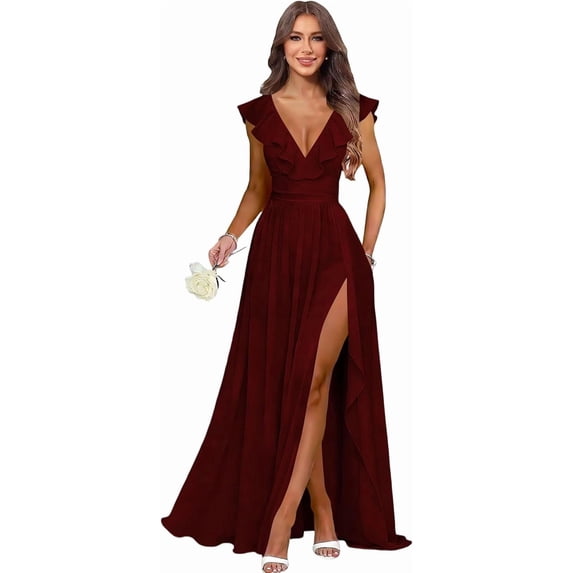 Long Side Ruffled Dress Women's V‑Neck Ruffle‑Sleeve Chiffon Bridesmaid Gown, Long Formal ...
