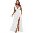 Long Side Ruffled Dress Women's V‑Neck Ruffle‑Sleeve Chiffon Bridesmaid Gown, Long Formal ...