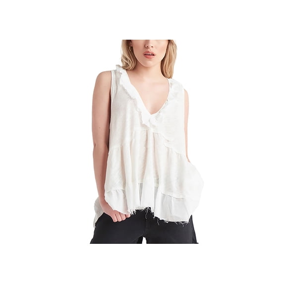 Women's V-Neck Ruffle-Trim Sleeveless Top Cream L