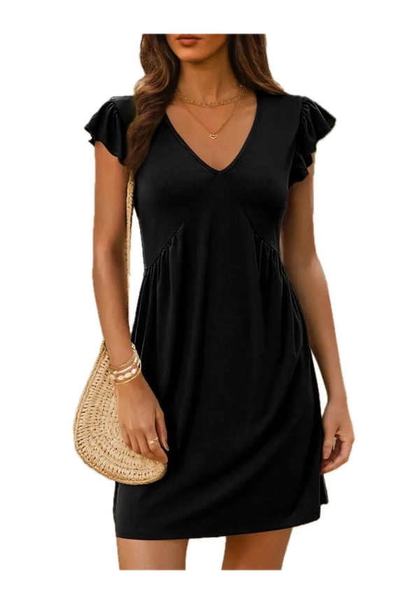 Women's V-Neck Ruffled Cap Sleeve Mini Dress with Ruched Bodice and Stretch Fit 95% Polyester 5% Elastane Everyday
