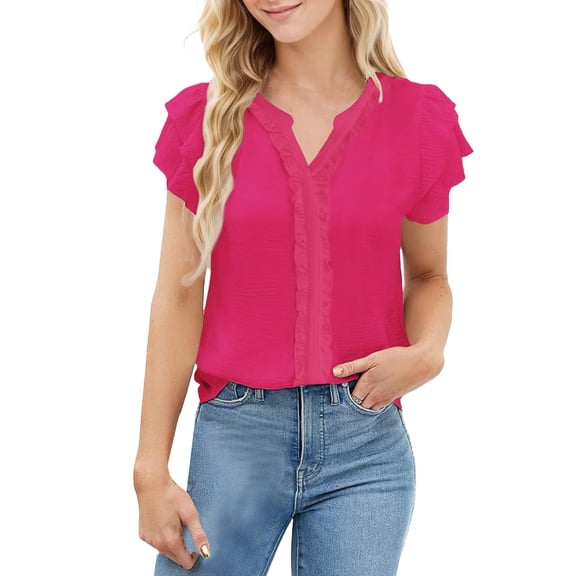 Women's V Neck Ruffled Tee - Double Layer Short Sleeve Casual Top | Yubnlvae | Fashionable Ruffled V Neck Women's Pullover Double Layered Short (Hot Pink | XXL)