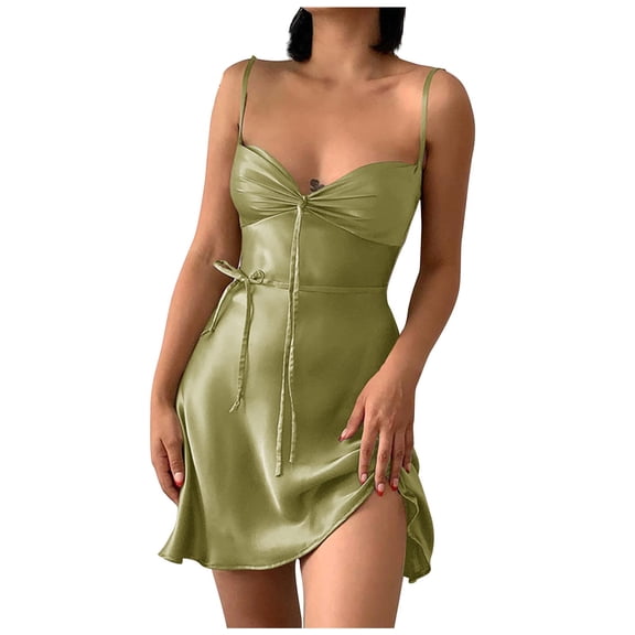 Women's V Neck Satin Dress Adjustable Spaghetti Strap Lacing Sling Dress Summer A Line Beach Party Mini Dress Ladies Clothes