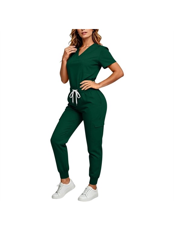 Women's V Neck Scrub Set, Stretch Short Sleeve Medical Top Drawstring Waist Jogger Pants Nursing Uniform Two Piece Outfit Army Green-E S(S)