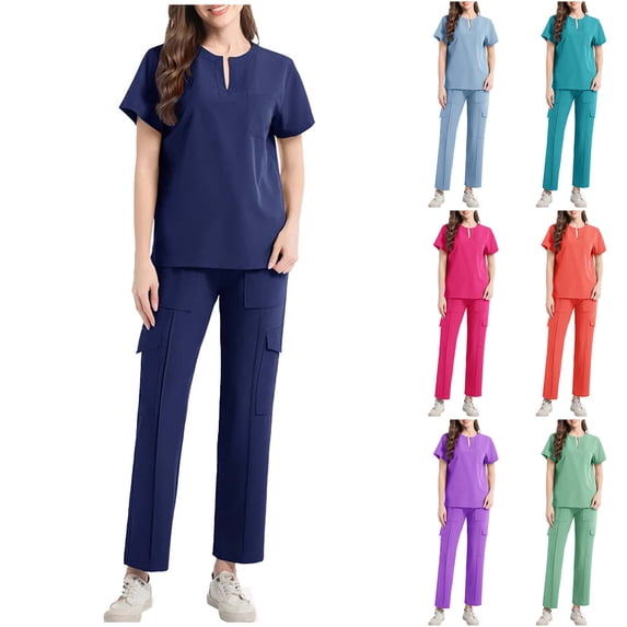 Women's V-Neck Scrub Set - Women Solid Color Loose Drawstring Pants Pocket Caregiver Short Sleeve V-Neck Blouses Nursing Uniform Set Breathable Medical Workwear with Multi Pockets