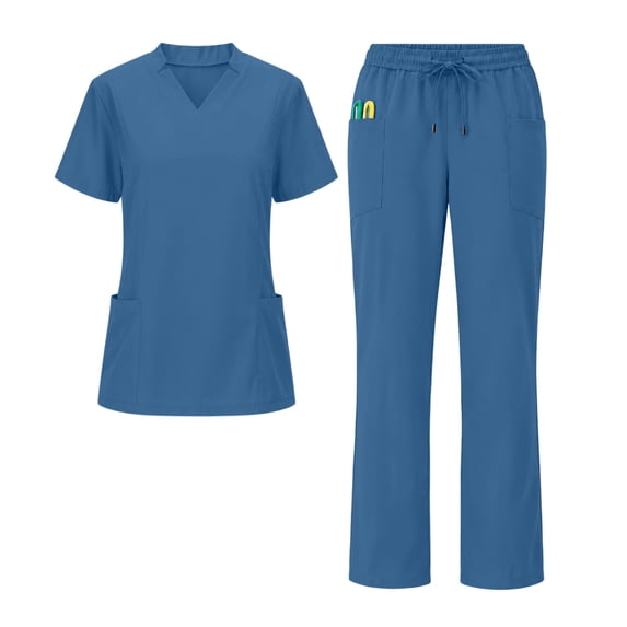 Women's V Neck Scrub Suit Set Stretch Drawstring Waist Work Pants with Pockets Medical Nurse Uniform Outfit Navy