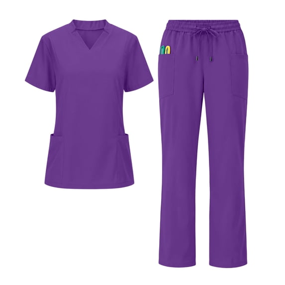 Women's V Neck Scrub Suit Set Stretch Drawstring Waist Work Pants with Pockets Medical Nurse Uniform Outfit Purple